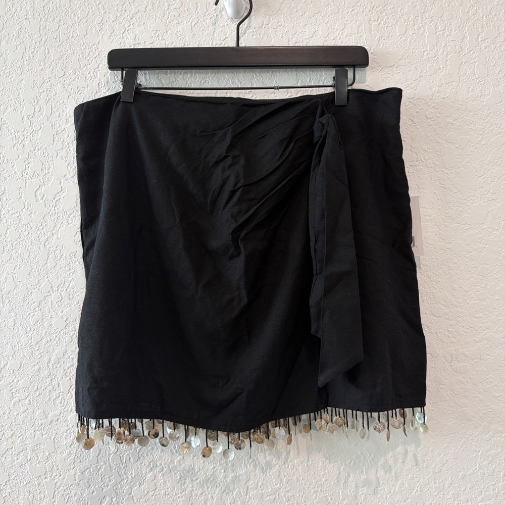 Jason Wu NWT Black Linen Blend Faux Wrap Lined Beaded Shell Skirt Size 10